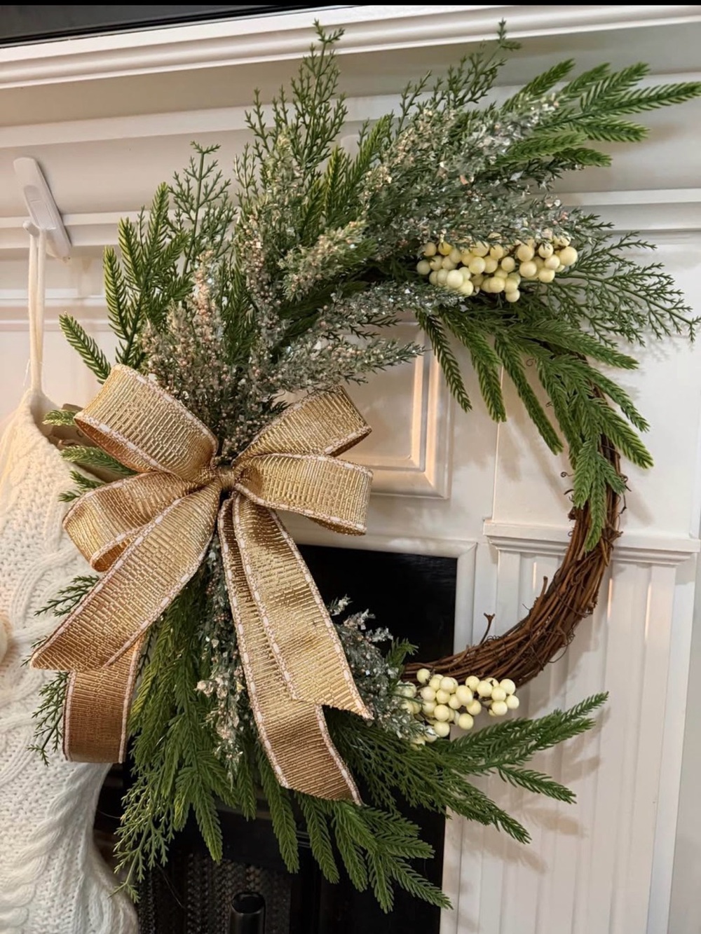 Hand Crafted Greenery Wreath with Gold Ribbon and Cream Berries